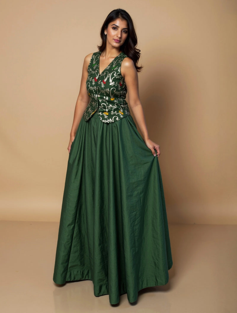 trueBrowns Green Brocade Jacket Skirt Co-ord Set