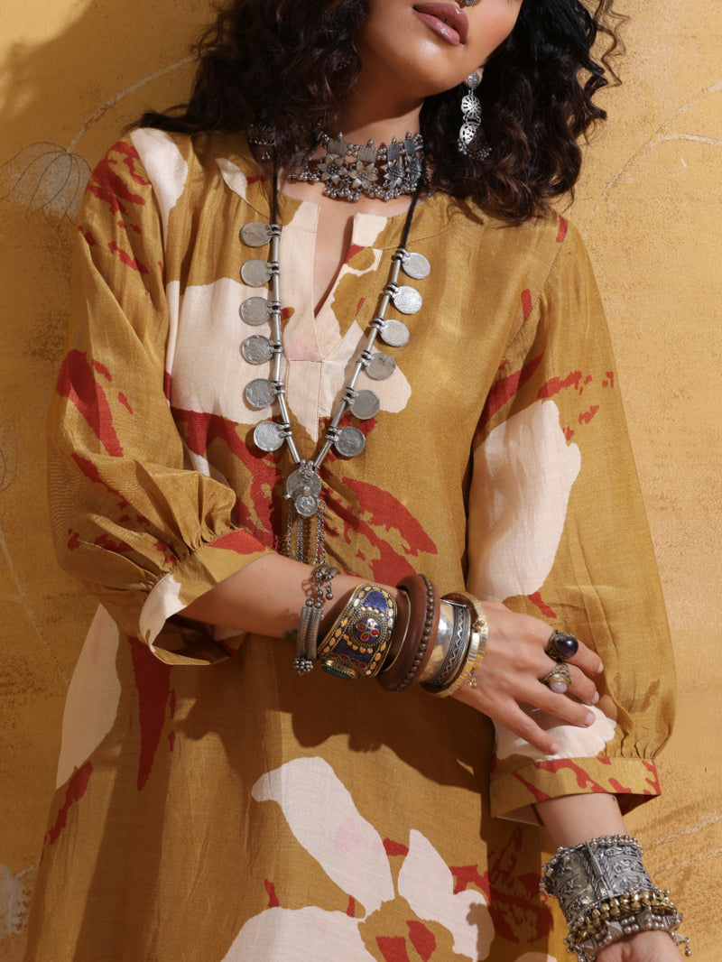 trueBrowns Mustard Rust Red Floral Print Muslin Silk Kurta Co-ord Set