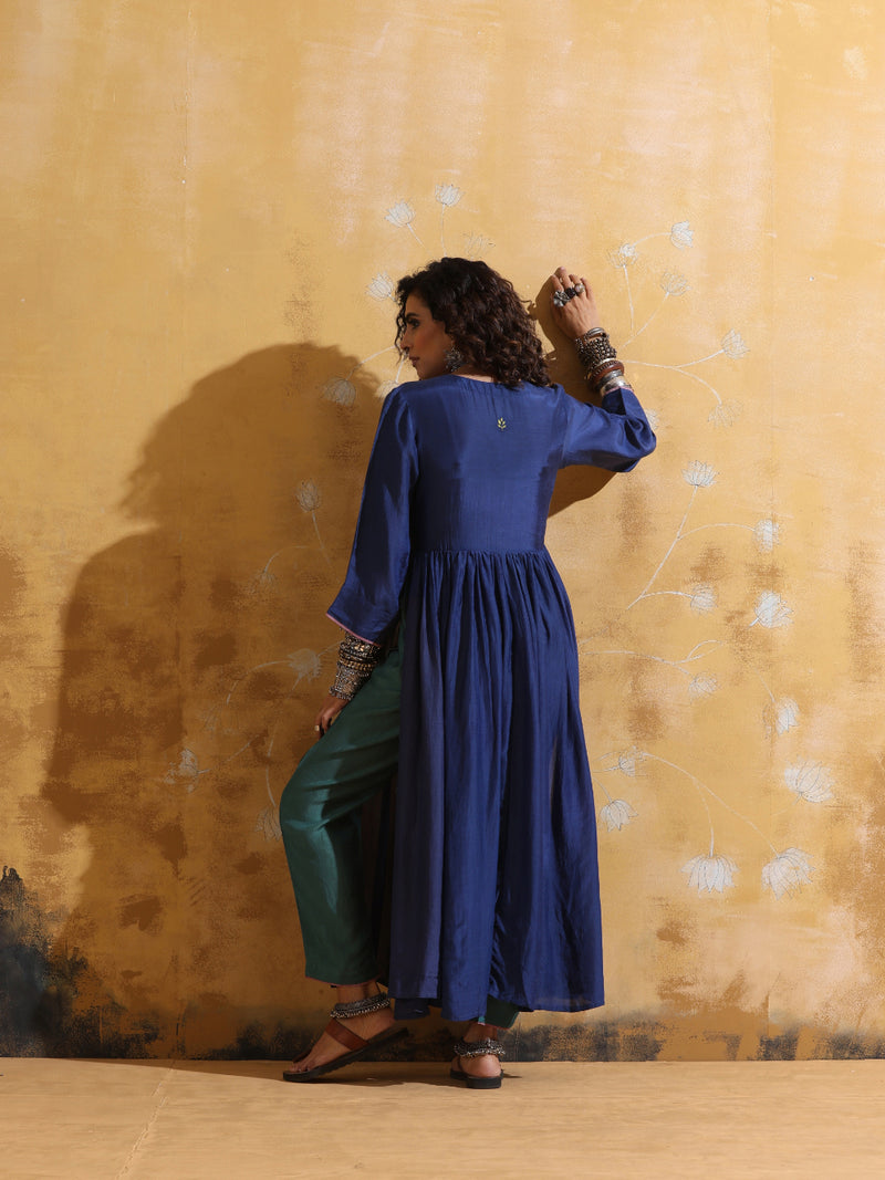 trueBrowns Blue Muslin Silk Anarkali Kurta Pant Set