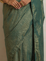 trueBrowns Dark Green Gold Metallic Ready To Wear Saree