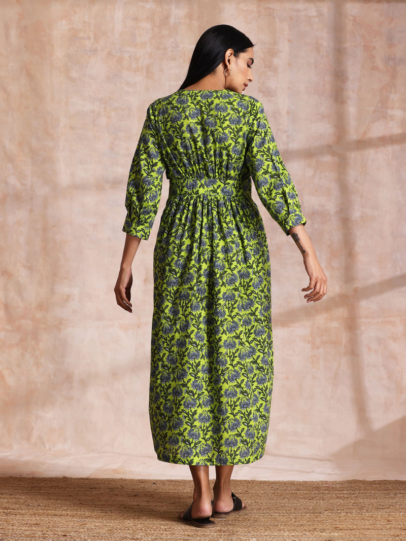 Lime Green Overall Blue Floral Block Print Cotton Wrap Dress