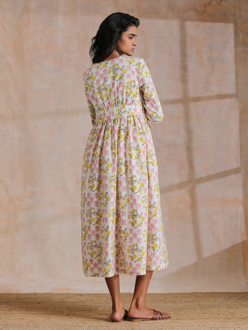 Pink Yellow Floral On White Block Print Cotton Wrap Dress