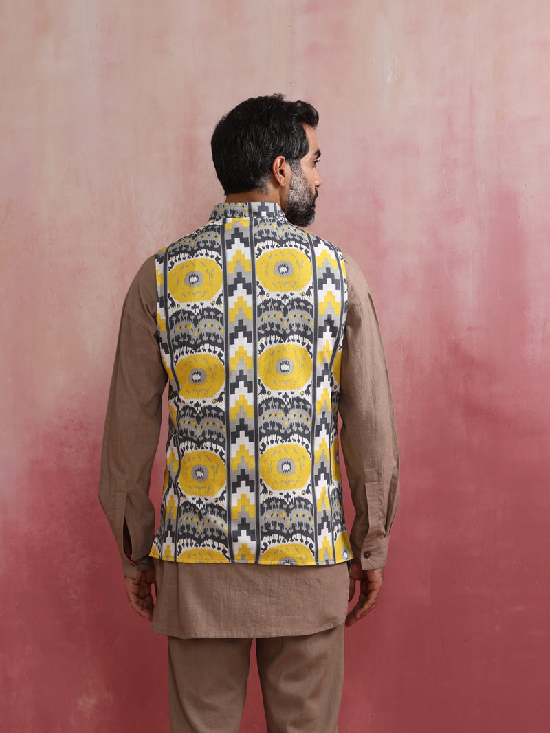 trueBrowns Men's Beige Ikat Reversible Nehru Jacket