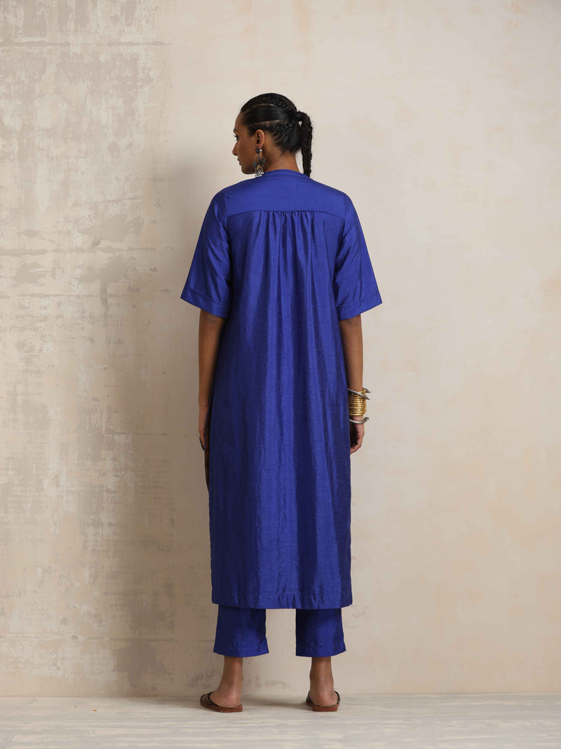 trueBrowns Blue Silk High Slit Kurta Set