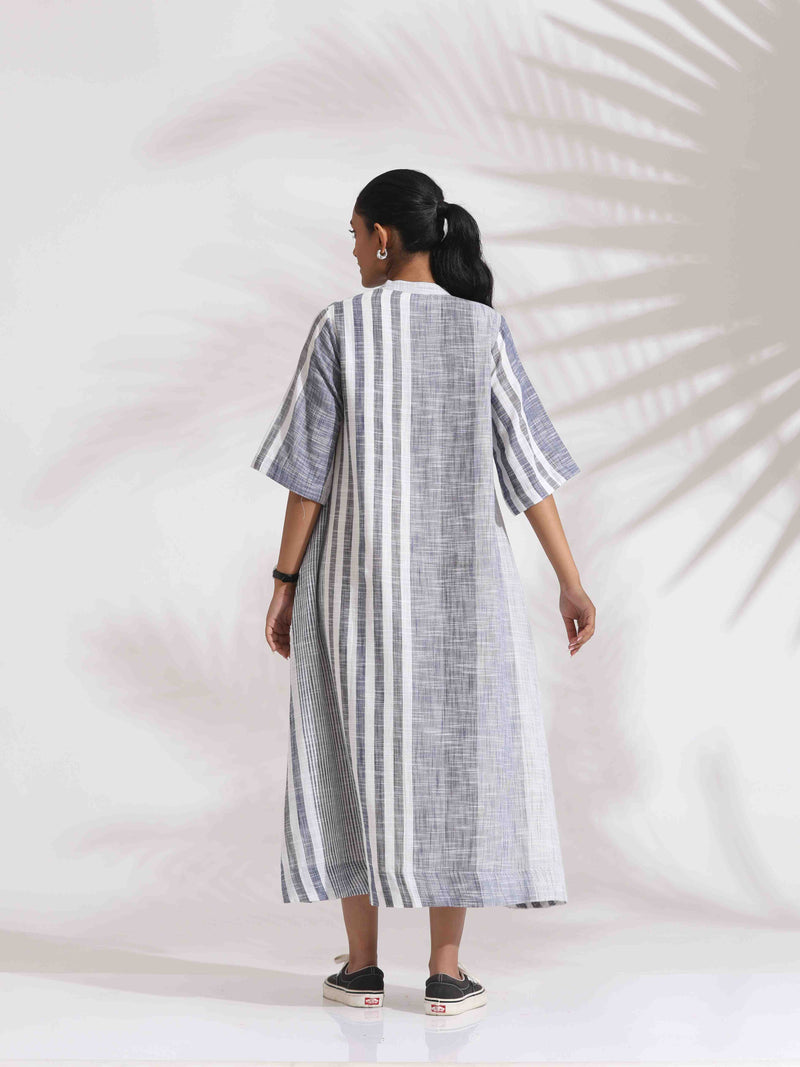 trueBrowns Off-White Cotton Multi Stripe Flared Dress