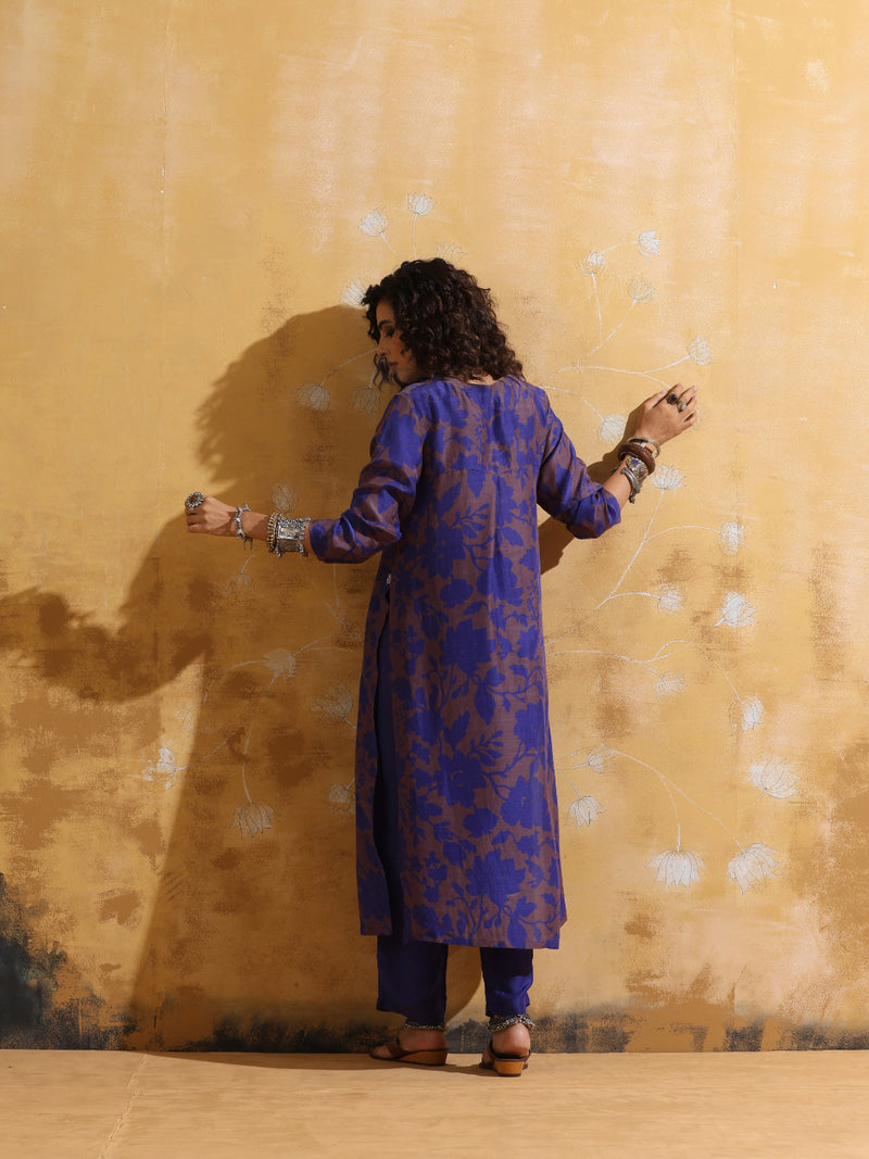 trueBrowns Purple Jaal Print Muslin Silk Straight Kurta Set