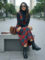 trueBrowns Red Blue Check Sleeveless A-Line Woollen Dress