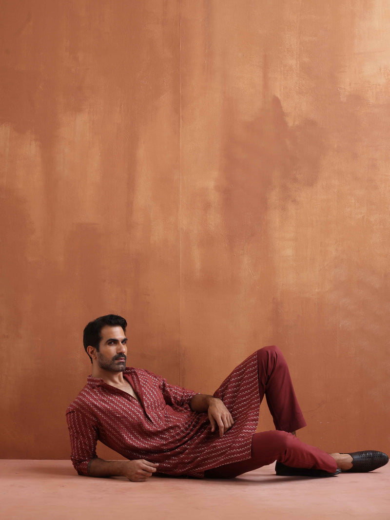 trueBrowns Men's Rust Cotton Dobby Kurta
