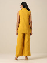 Mustard Yellow Slub Texture Sleevesless Jacket Pant Set