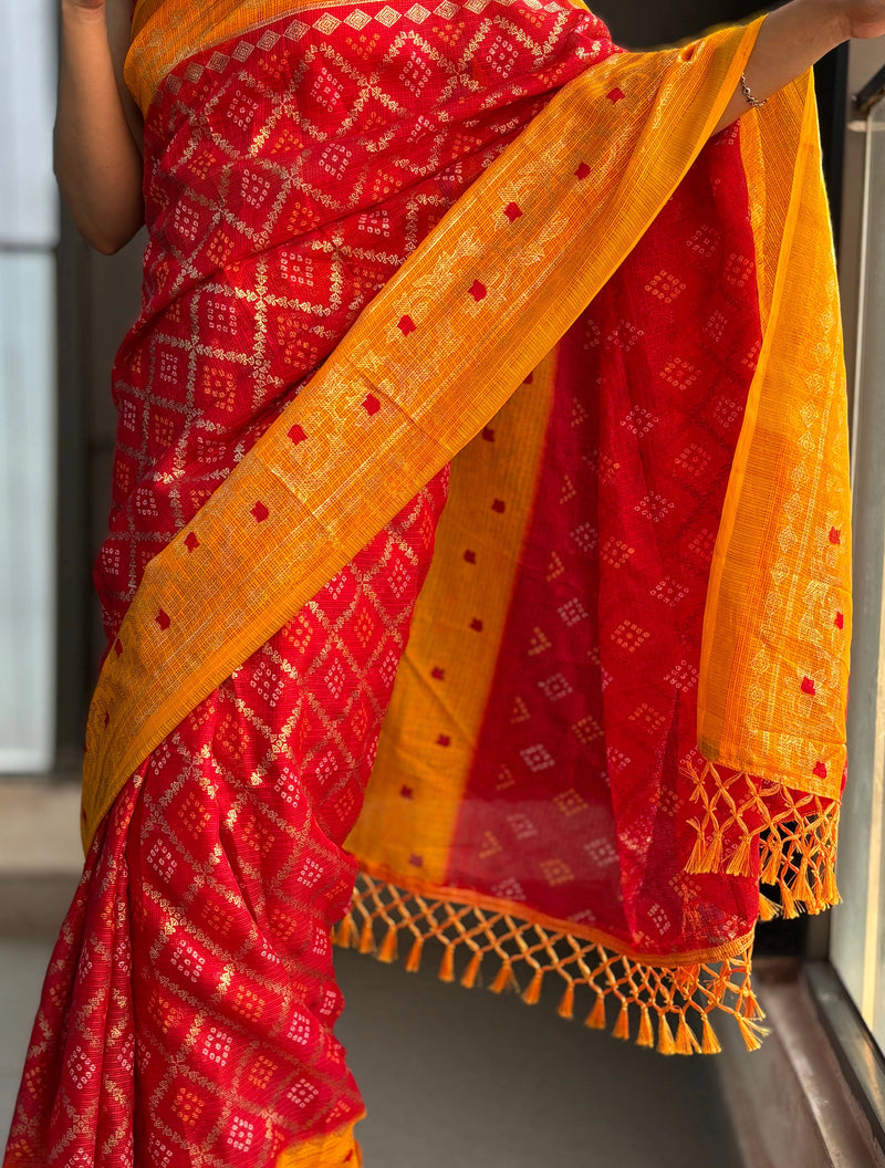 trueBrowns Red Kota Bandhani Saree With Unstitched Blouse
