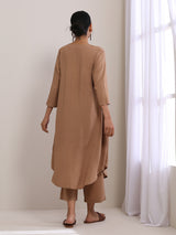 Beige Dobby Gathered Kurta Pant Set