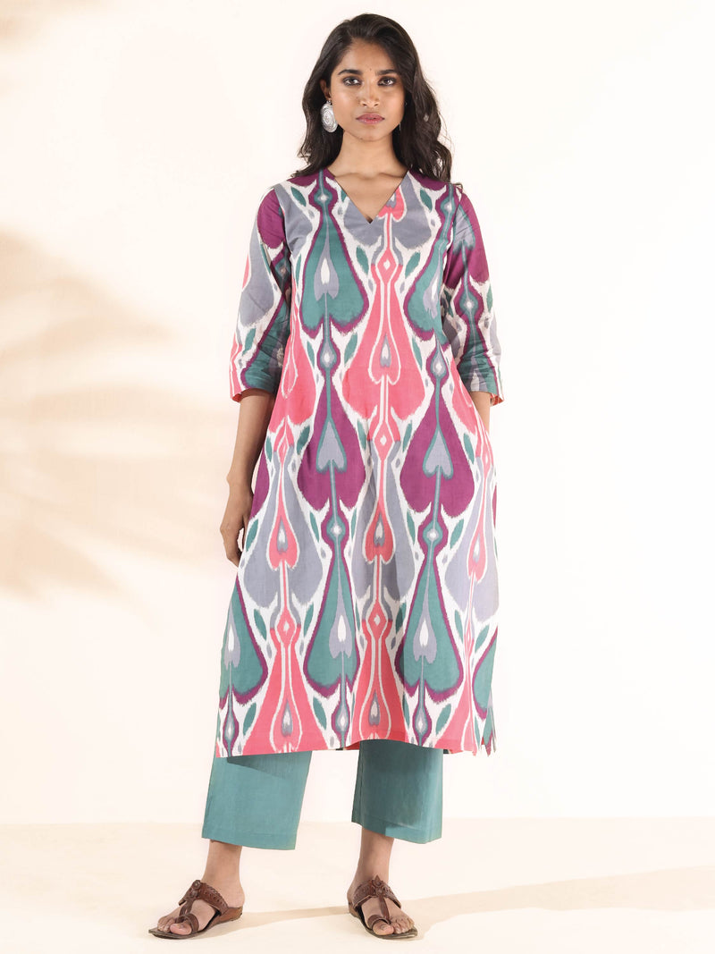 trueBrowns Green Cotton Ikat Kurta Pant Set