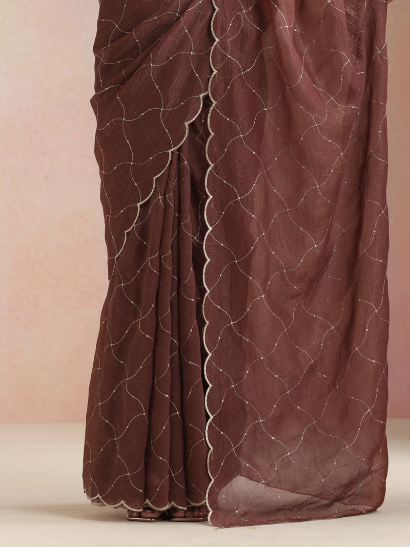 trueBrowns Copper Zari Jaal Embroidered Saree With Unstitched Blouse