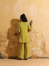 trueBrowns Lime Muslin Silk Co-ord Set with Flared Pants