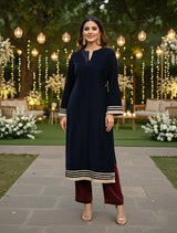 trueBrowns Navy Velvet High-Slit Kurta