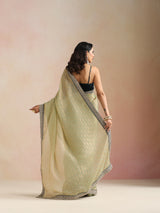 trueBrowns Green Geometric Weave Saree With Contract Unstitched Blouse