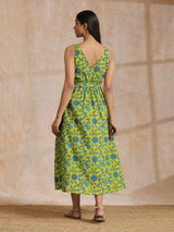 Lime Green Overall Teal Floral Block Print Cotton Sleeveless Wrap Dress