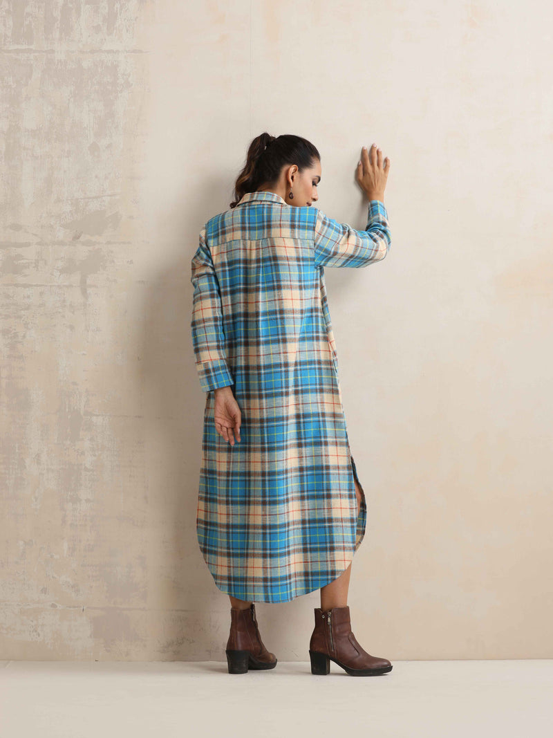 trueBrowns Beige Check Pleated Winter Dress