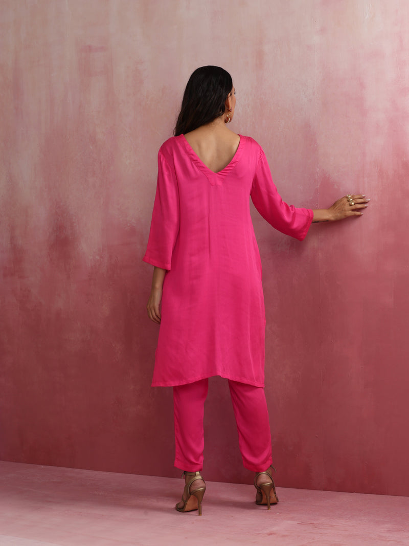 trueBrowns Pink Modal Round Neck Kurta Co-ord Set