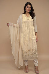 trueBrowns Ivory Zari Embroidered Straight Kurta Pant Dupatta Set