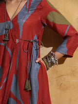 trueBrowns Rust Red Green Floral Print Muslin Silk Angrakha Kurta Set