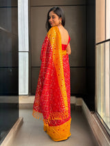 trueBrowns Red Kota Bandhani Saree With Unstitched Blouse