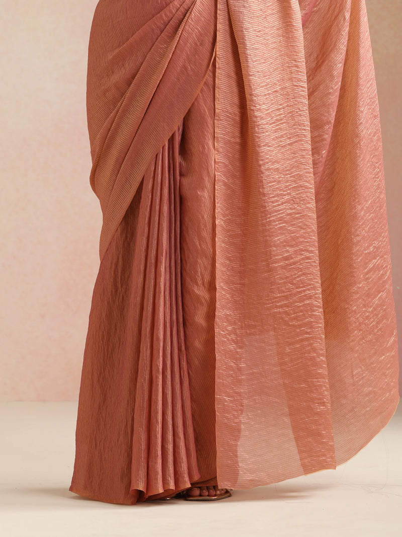 trueBrowns Pink Tissue Stripe Saree With Unstitched Blouse