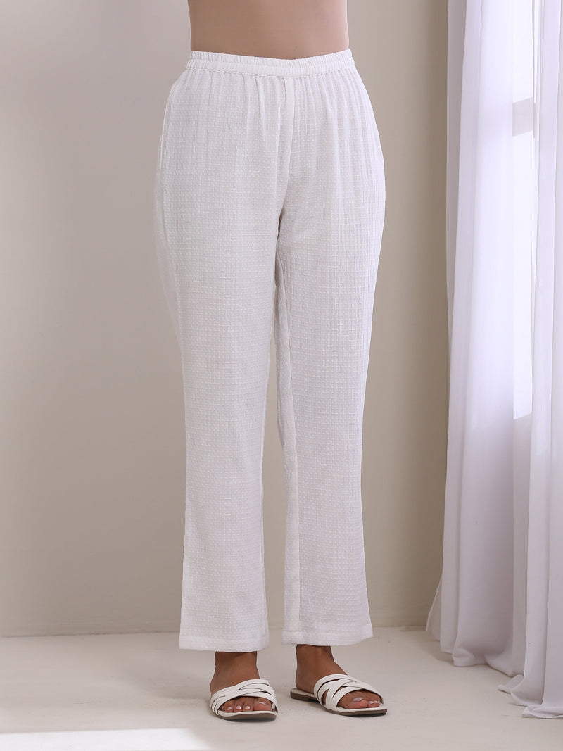 White Dobby Flared Slit Kurta Pant Set