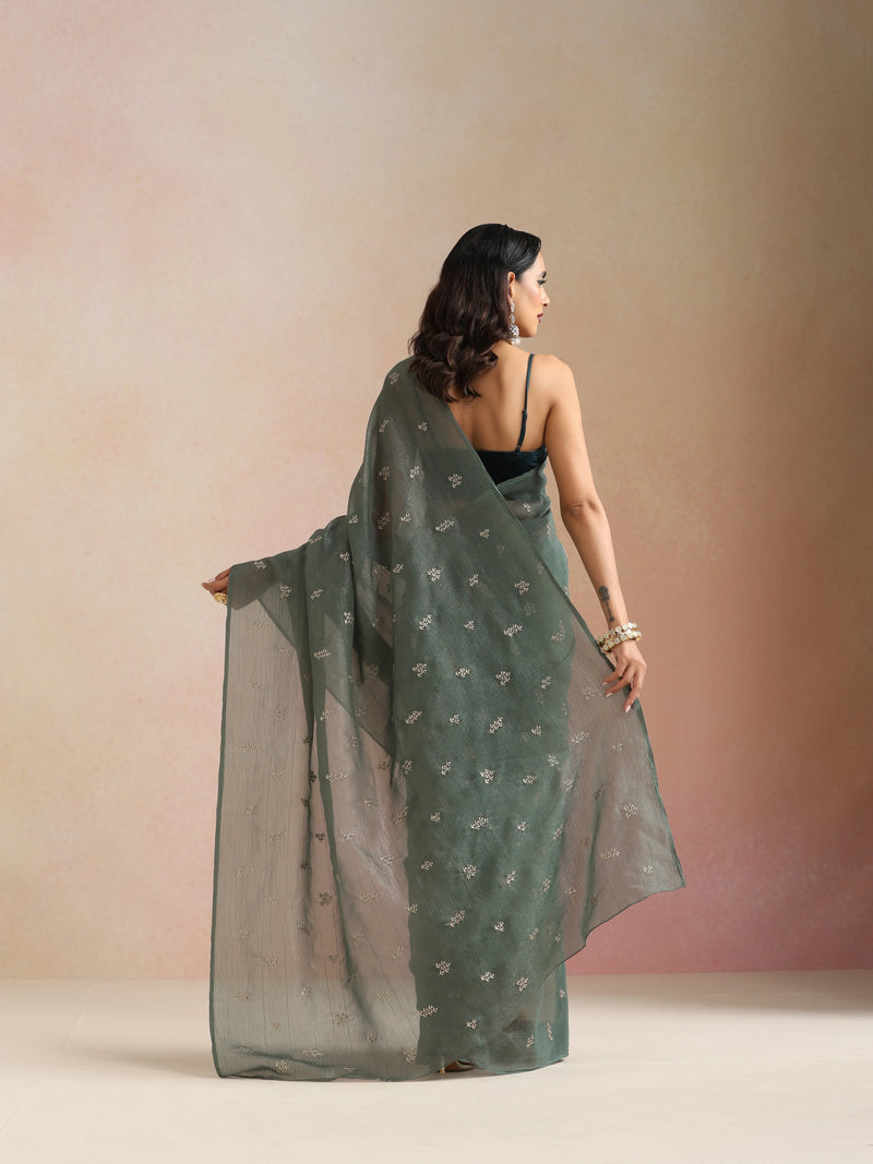 trueBrowns Turquoise All Over Embroidered Saree With Unstitched Blouse