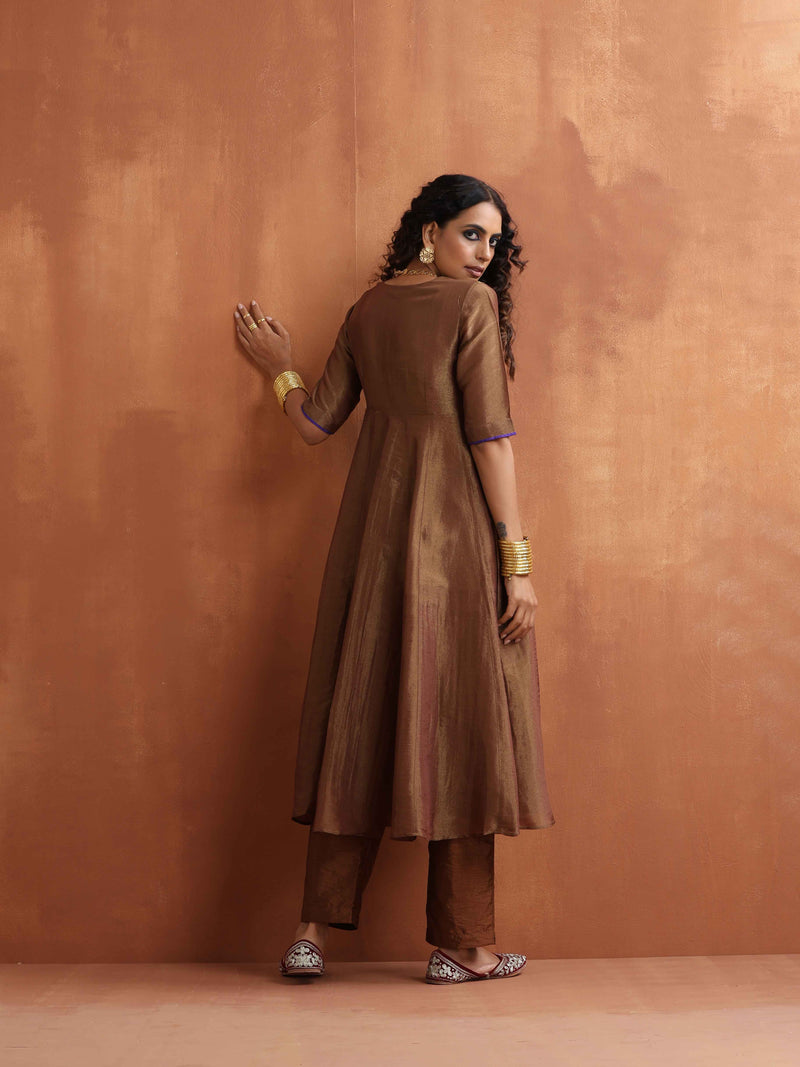 trueBrowns Bronze Tissue Flared Anarkali Kurta Set