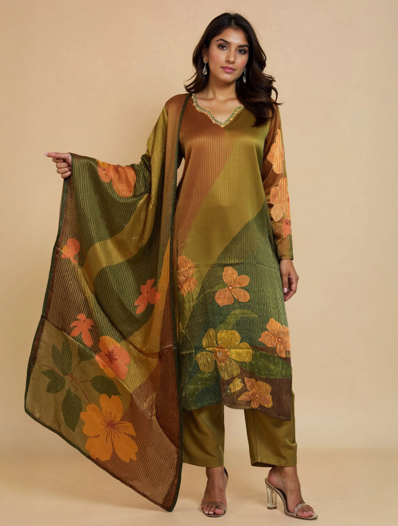 trueBrowns Multicolour Printed Straight Kurta Pant Dupatta Set