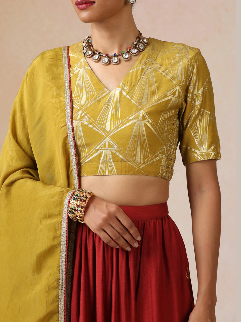 trueBrowns Mustard Gold Foil Print Muslin Silk Blouse Skirt Dupatta Set