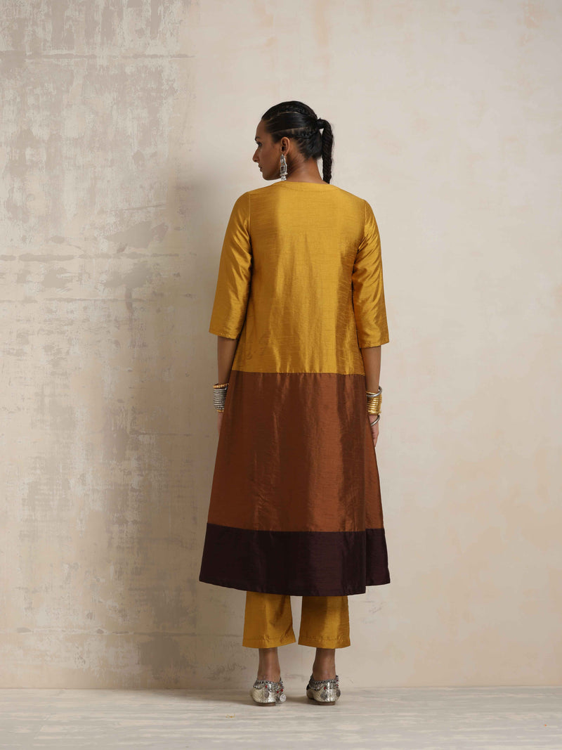 trueBrowns Gold Brown Silk A-line Kurta Set