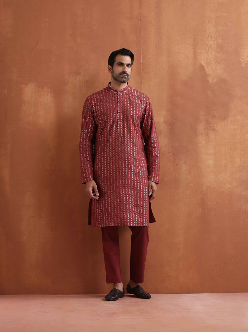 trueBrowns Men's Rust Cotton Dobby Kurta