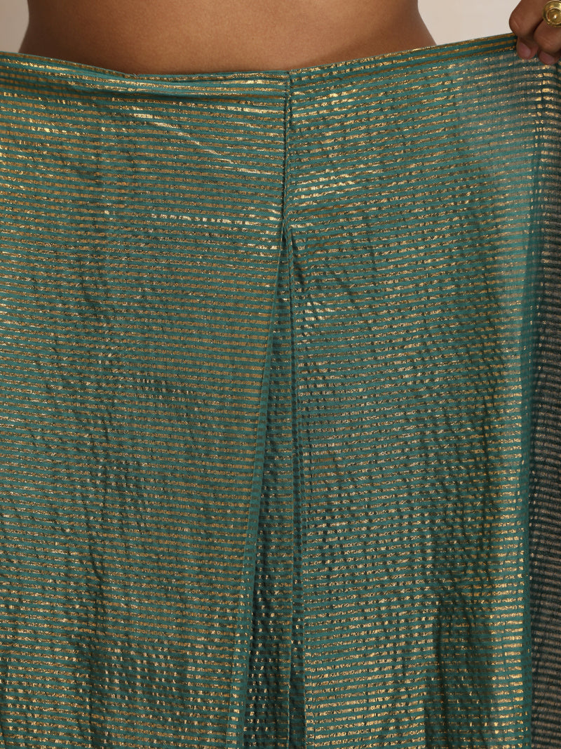 trueBrowns Dark Green Gold Metallic Ready To Wear Saree