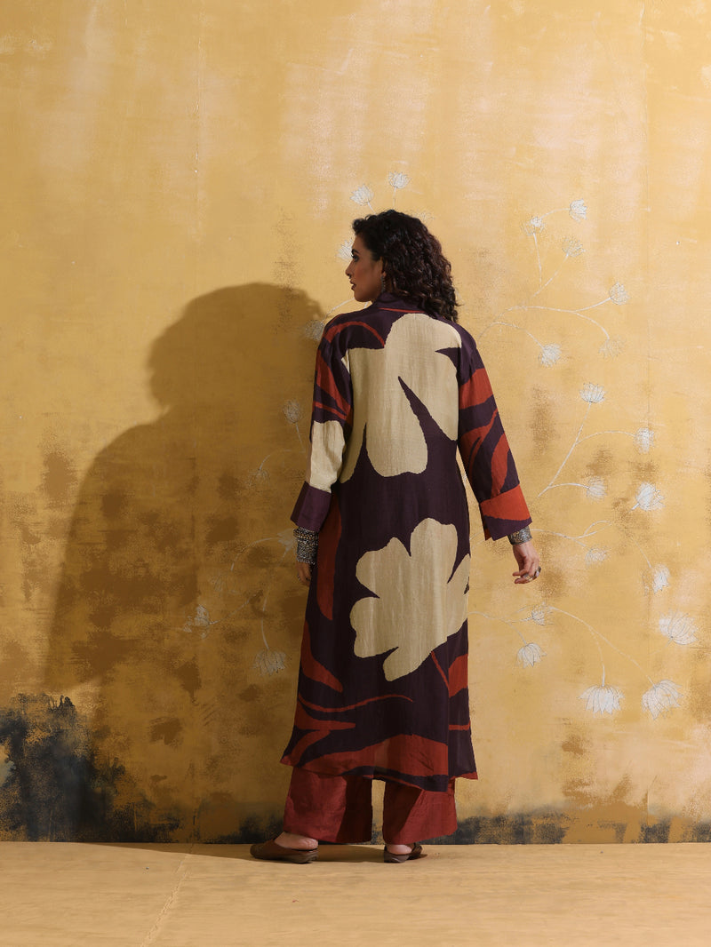 trueBrowns Cola Rust Red Floral Print Muslin Silk Straight Kurta Set