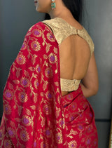 trueBrowns Red Foil Print Saree Blouse With Unstitched Blouse