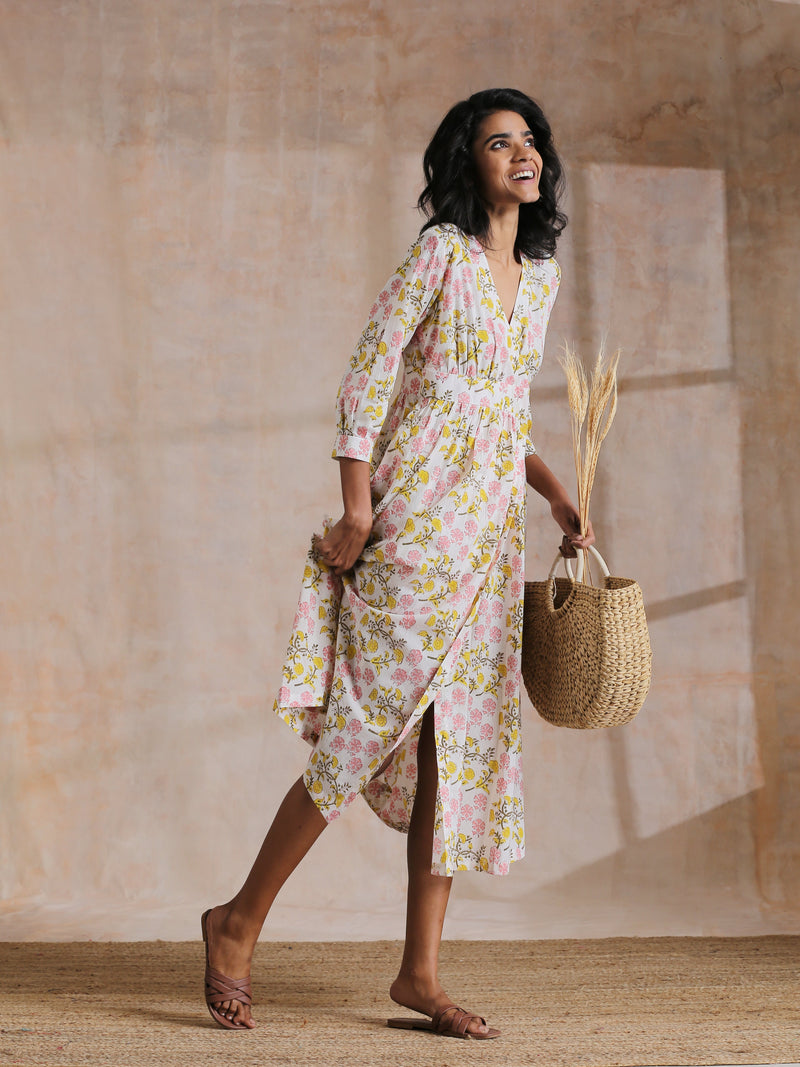 Pink Yellow Floral On White Block Print Cotton Wrap Dress