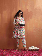 trueBrowns Off White Print Anarkali Kurta Co-ord Set