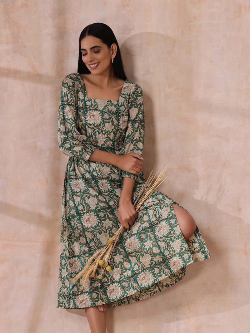 Fern Green Overall Floral Block Print Cotton Square Neck Dress