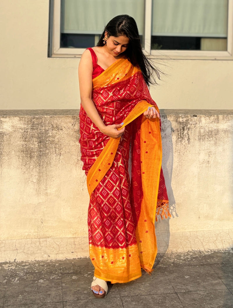 trueBrowns Red Kota Bandhani Saree With Unstitched Blouse