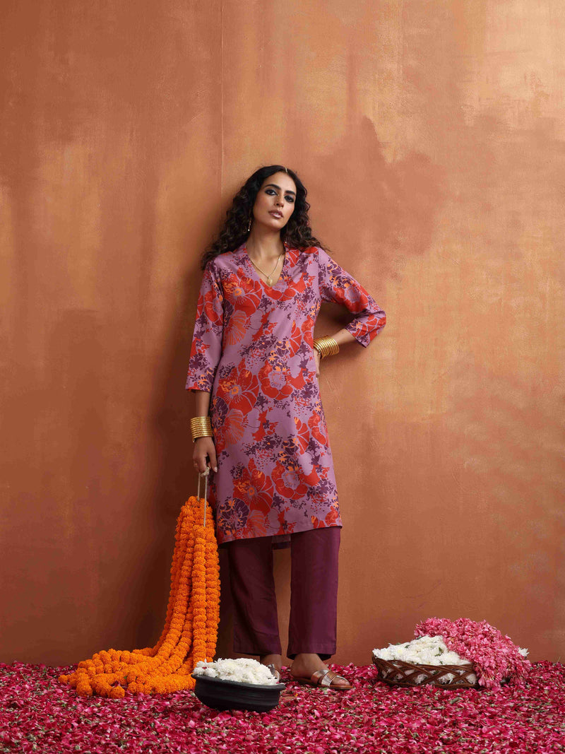 trueBrowns Purple Print Kurta Co-ord Set