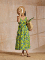 Lime Green Overall Teal Floral Block Print Cotton Sleeveless Wrap Dress