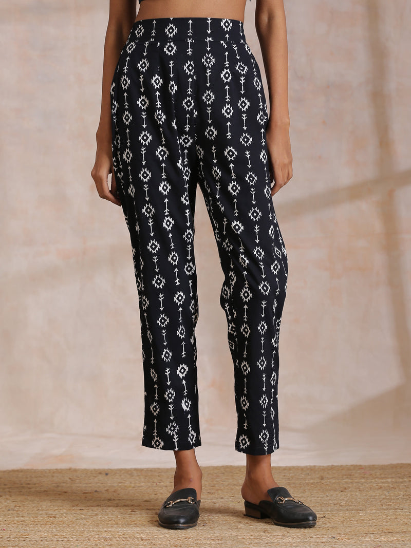 Black White Geometric Print Cotton Pant Suit Set