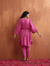 trueBrowns Pink Print Kaftan Kurta Co-ord Set