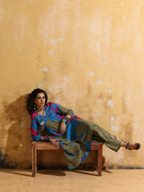 trueBrowns Blue Green Floral Print Muslin Silk Fit and Flare Kurta Set