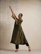 trueBrowns Olive Green Tissue Flared Anarkali Kurta Set