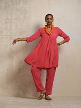 trueBrowns Peach Crinkle Flared Kurta Co-ord Set