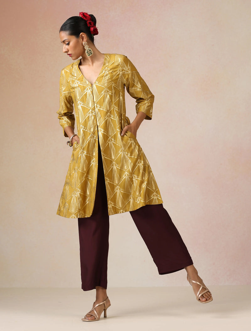 trueBrowns Mustard Gold Foil Print Muslin Silk Fit And Flared Kurta co-ord Set