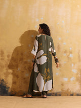 trueBrowns Green Cream Floral Print Muslin Silk High-Slit Kurta Set
